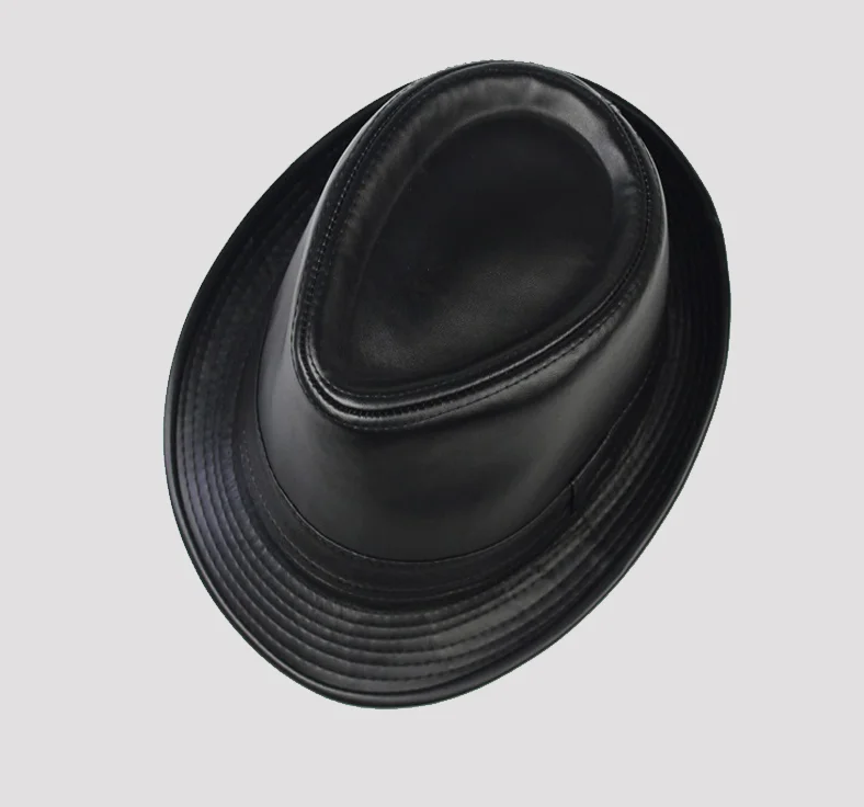 Mann hochwertiges echtes Leder Jazz Fedora Gentleman Kuhhaut kurze Krempe schwarz/braun Schaffell angepasste Zylinder männlich zeigt – Detail 10