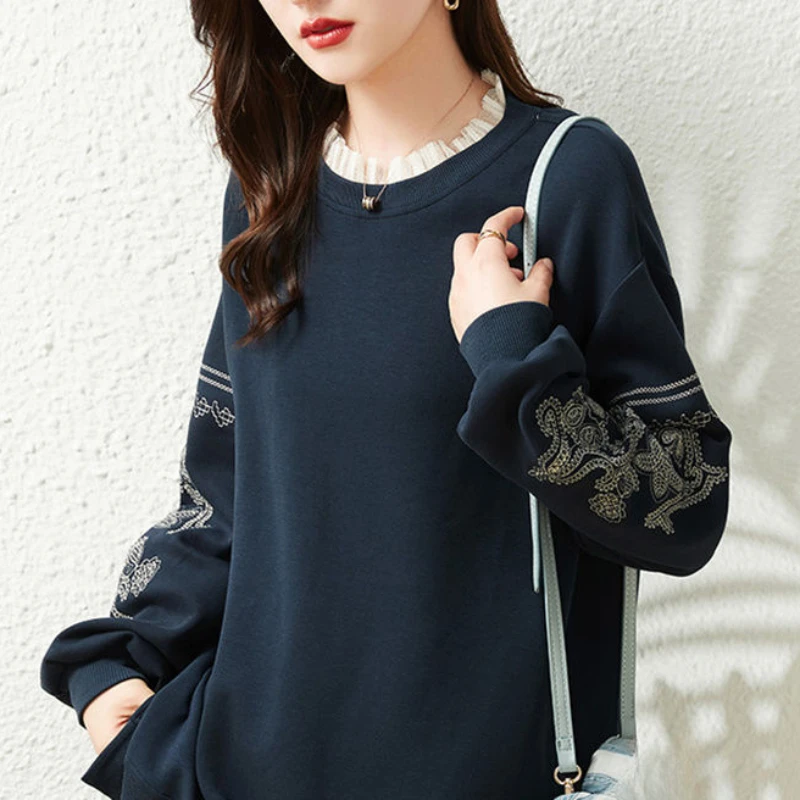 Top Embroidered Loose Women\'s Sweatshirt Baggy Woman Clothing Pullovers Round Neck Korean Streetwear Y2k Sweat-shirt Trend Style