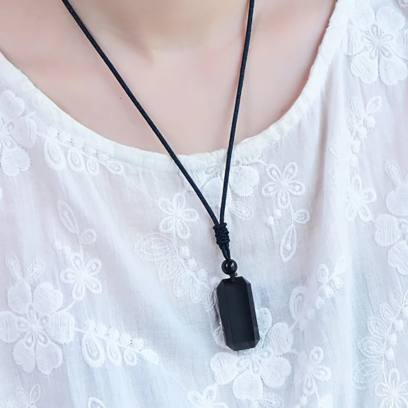 Wushi Safety Black Obsidian Stone Pendant Necklace For Women Men Rope Chain Student Gift Fashion Jewelry