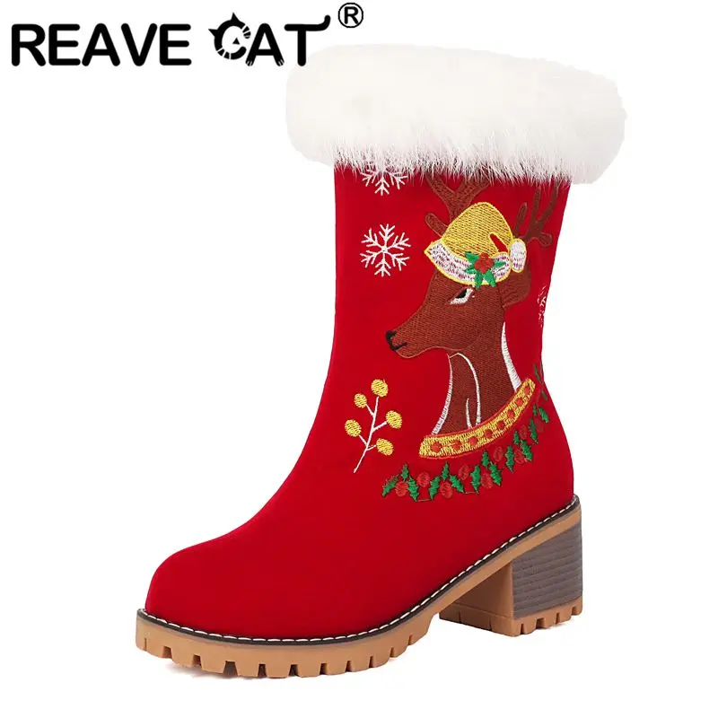 

REAVE CAT Red Warm Mid Calf Boots for Women Flock Suede 5.8cm Chunky Heels Slip On Embroider Plus Size 42 43 Cute Daily Booties
