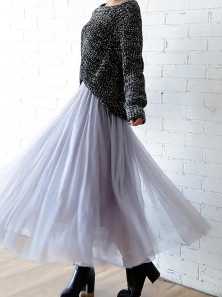 Vintage Tulle Skirt Women Streetwear Elastic High Waist Mesh Pleated Skirts Summer Elegant Korean A Line Office Ladies Skirt New