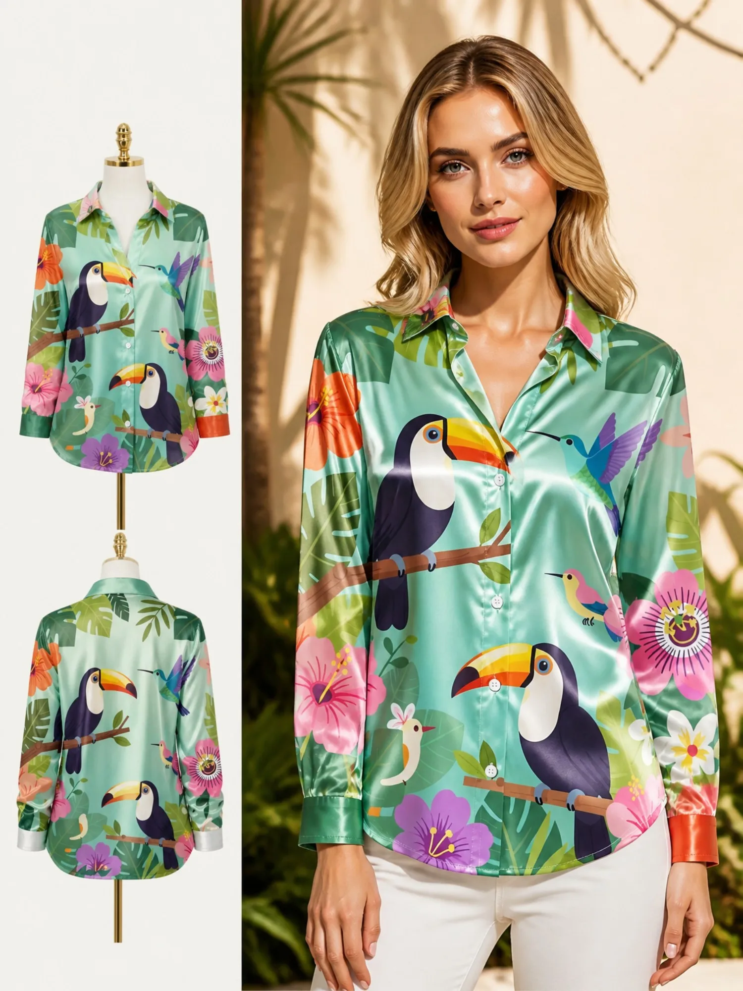 Resort Shirt Floral - Mint Toucan Satin Button Shirt for