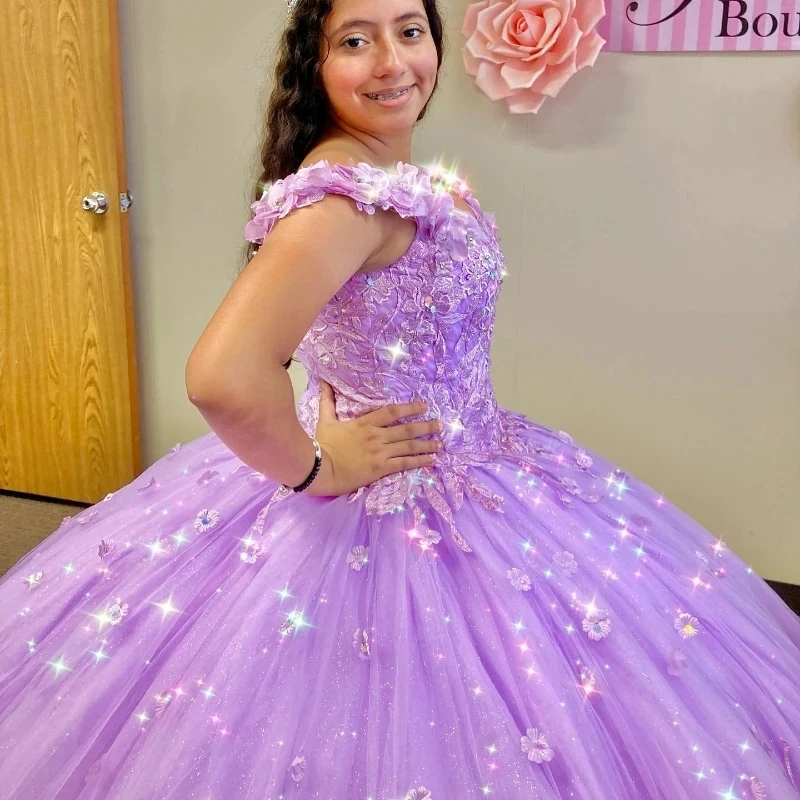 Luxury Sequins Lavender Quinceanera Dresses Vestidos De 15 Anos Off-Shoulder Applique Lace Beading Formal Princess Gown