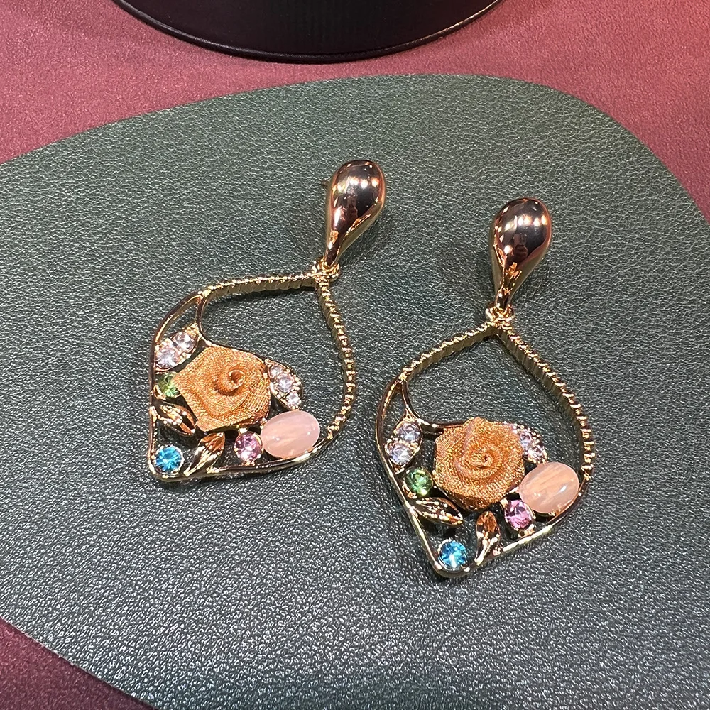 New Chinese style new three-dimensional flower opal plated real gold fashion flower elegant high sense light luxury S925 earring
