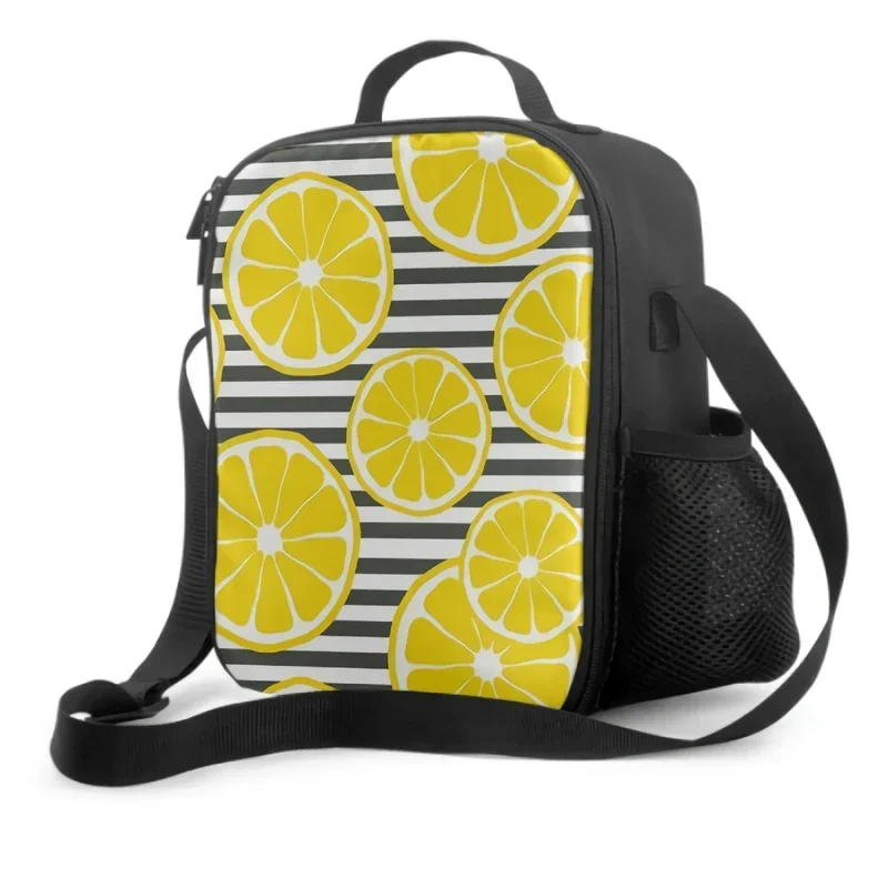 Fresh Sliced Lemon With Black And White Stripes Lunch Box Insulated Meal Bag Summer Tropical Yellow Orange Fruit Print Lunch Bag