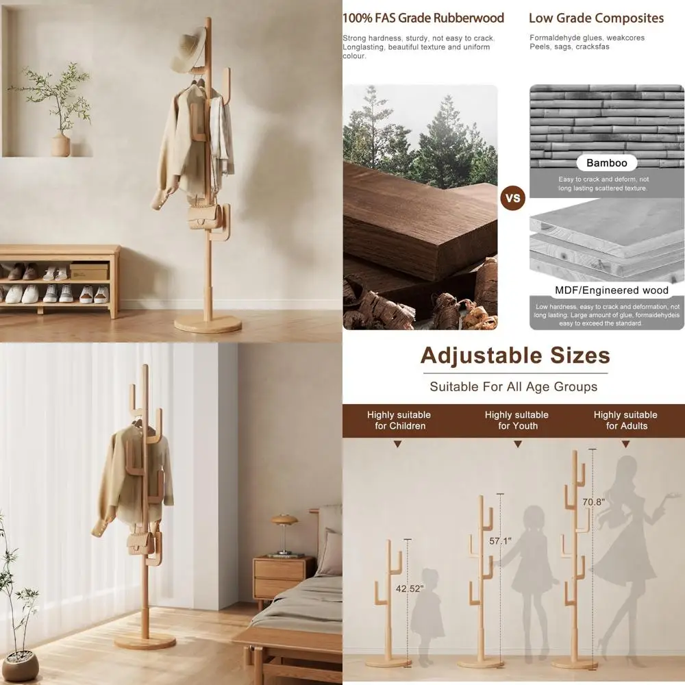 

Freestanding Solid Wood Cactus Coat Rack with 6 L-Shaped Hooks and Adjustable Sizes for Bedroom and Entryway