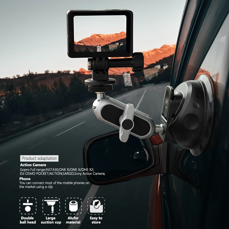 for GoPro 10/11 Insta360 X3 DJI Action 2/3 Camera Suction Cup Bracket Phone 360° Rotation Mount Holder Support Adapter Base Clip