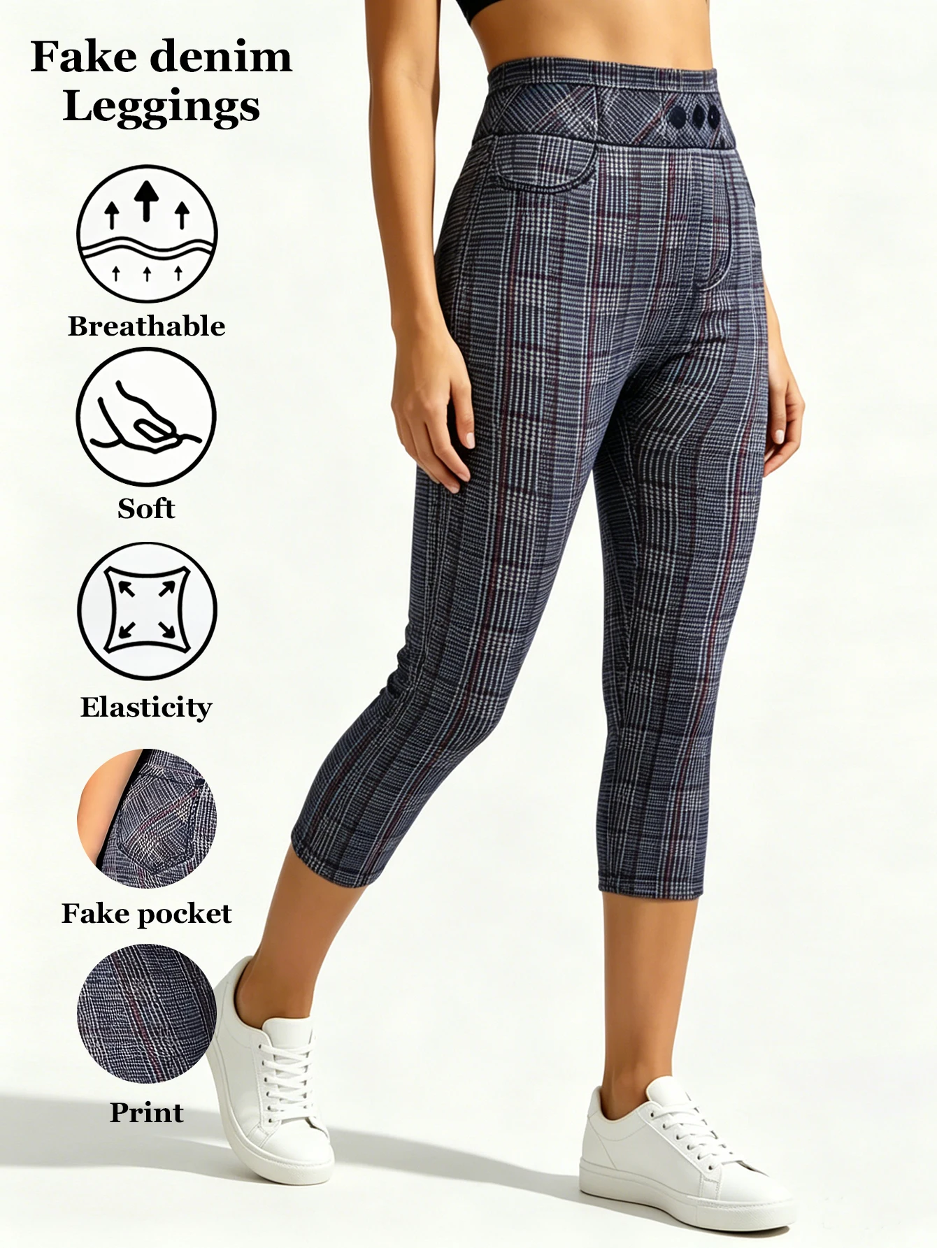 Plaid Print Fake Denim Capri Leggings Soft Breathable Elastic Slim Stretch Casual Pants Trousers Fake Pockets Fashion tights