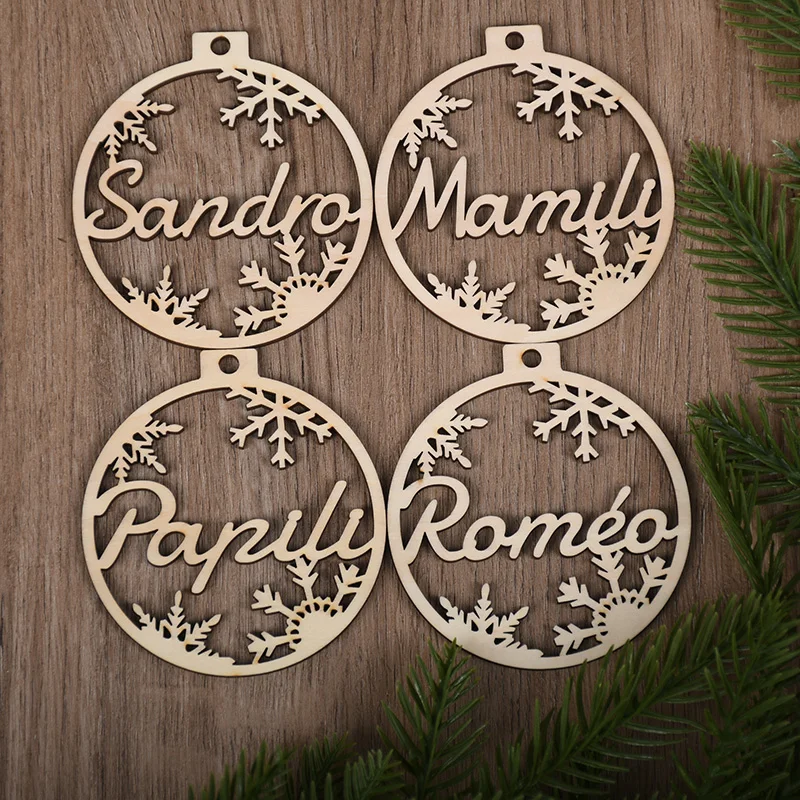 Custom Wood Christmas Snowflakes Baubles Personalized Ornament Laser Cut Names Xmas Custom Gift Tags Wooden Ornament Ball