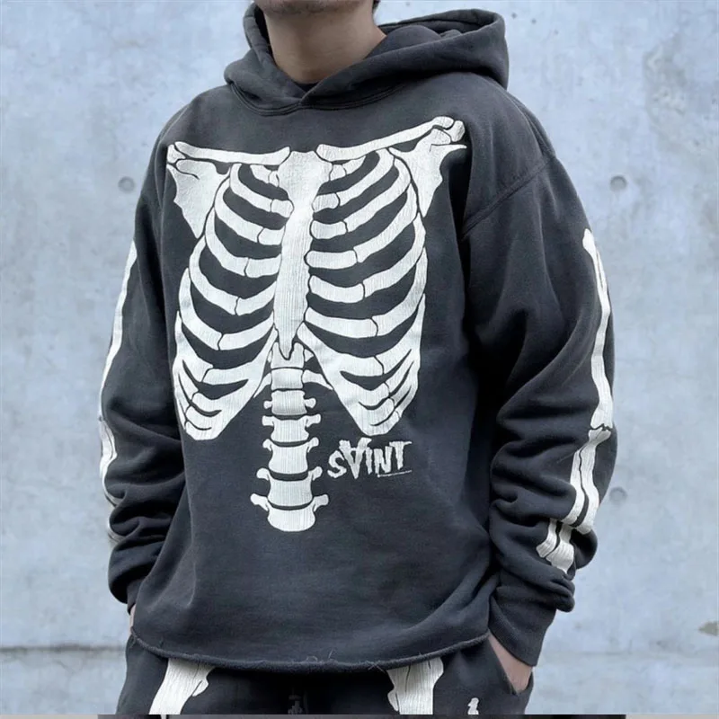 Saint Michael Kapital Cracked Skeleton Print Washed And Worn Baggy Hoodies For Men And Women