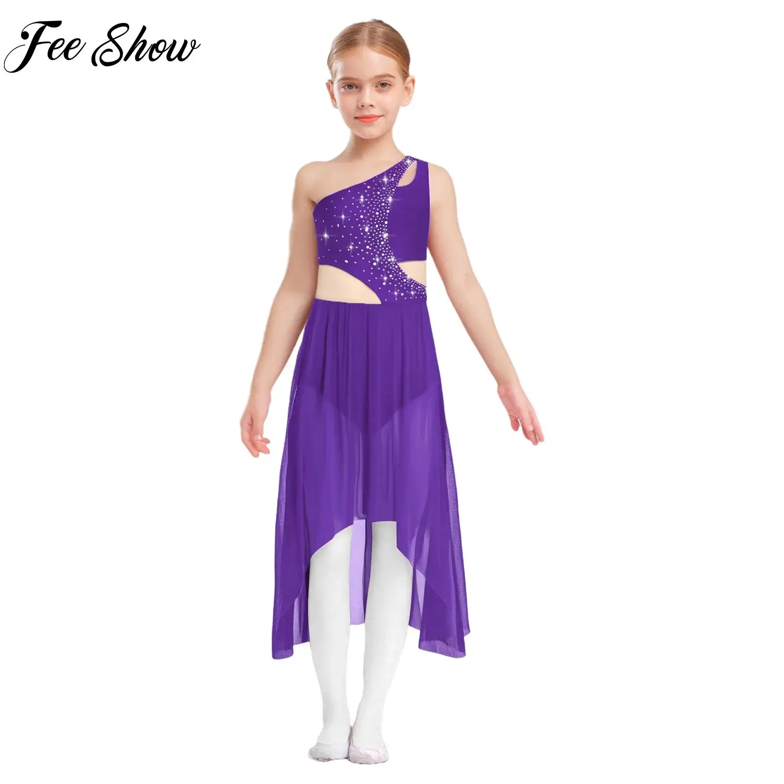 

Kids Girls Modern Lyrical Dance Costume Shiny Rhinestones One Shoulder Sleeveless Dresses Contemporary Performance Dance Wear