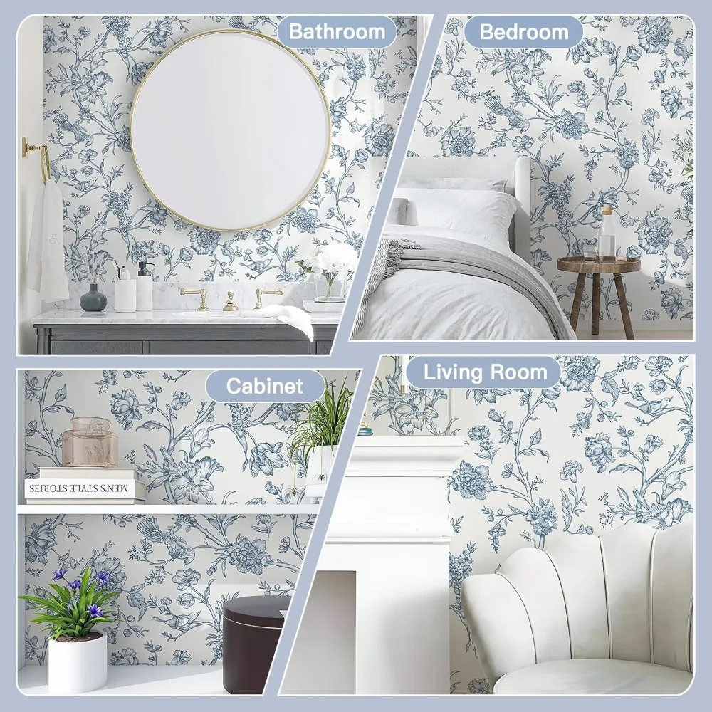 Papel de parede removível com pássaros florais, azul e branco, papel de contato autoadesivo para paredes