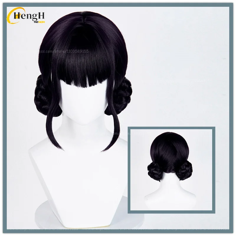 

In Stock Anime Zoe Synthetic Hair Black Purple Wig With Buns Heat Resistant Hair Halloween Party Cosplay Anime Wigs + A Wig Cap