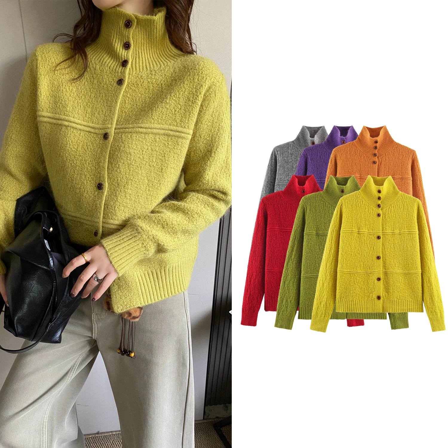 

Women's Loose High Collar Knitted Sweater Coat Spring Autumn Female Knitted Cardigan Lady Soft Korean Long Sleeved Jackets