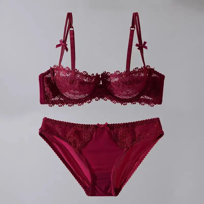 European Lace Bra Set Ultra-Thin Semi-Transparent, Half Cup Pure Desire Bras for Small Chest, Anti-Sagging Comfortable Underwear