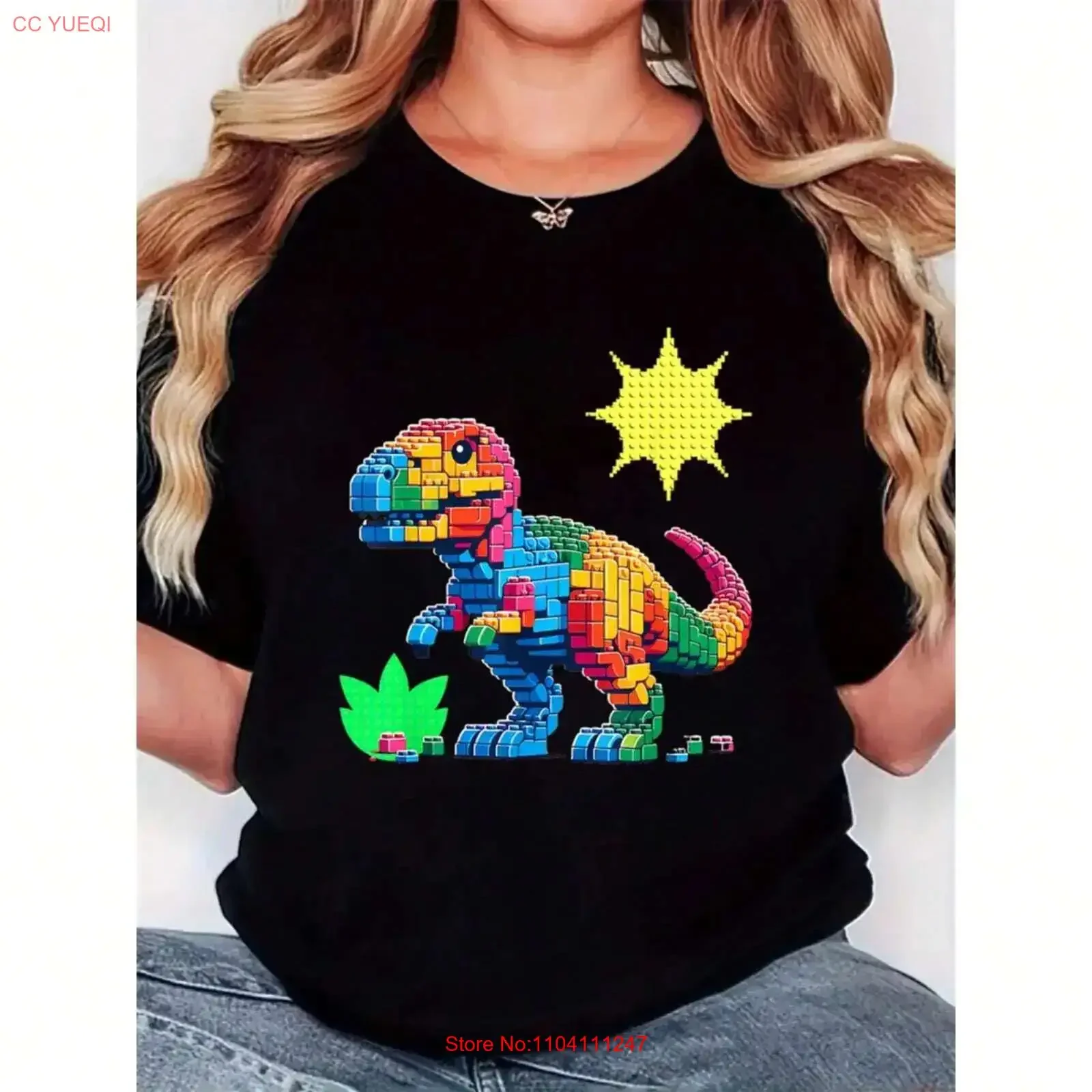 Women's T shirt colorful building block dinosaur print fashionable casual vintage Washed Versatile fashion