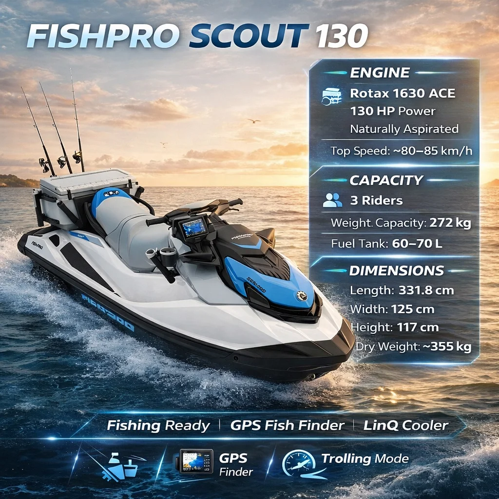 BRP Jet Ski 4 Stroke 3 Cylinder 3 Riders Sea Doo 130hp Electronic IBR FishPro Scout 130 Speedometer Water Sports