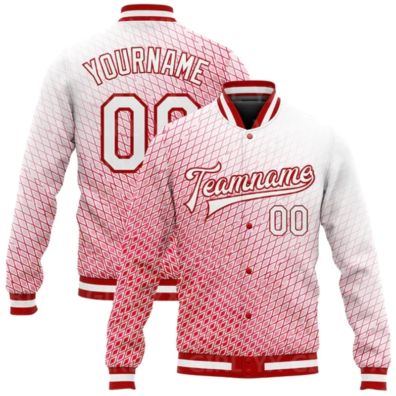 Custom White Red-Black 3D Pattern Design Bomber Full-Snap Varsity Letterman Jacket Baseball Button Jacket