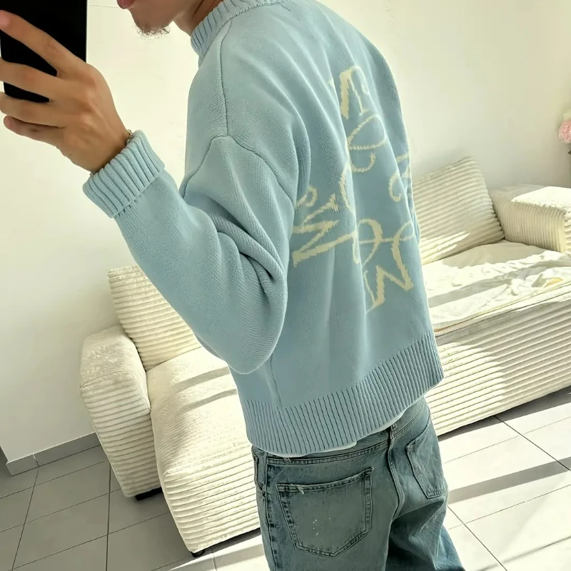 Y2K Sky Blue Long Sleeve Sweater Signature M Symbol Logo Pattern Sweater Trendy Vintage Autumn Winter Unisex Oversized Clothing