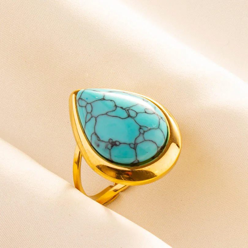 1pc Chic Bohemian Blue Turquoise Statement Gold Color Ring Stainless Steel Opening Adjustable Boho Ring Jewelry Gifts Never Fade