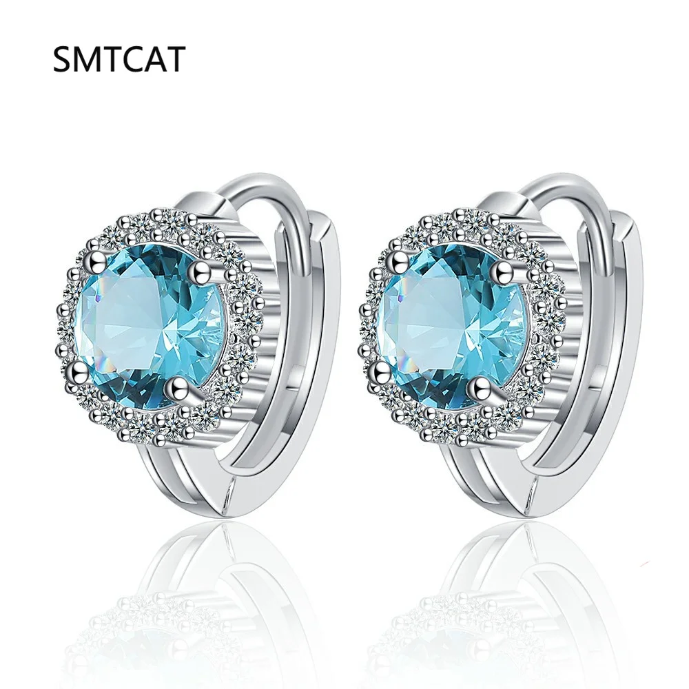 Round Cut Genuine Natural Blue Topaz 925 Sterling Silver Halo Hoop Earrings for Women Fashion Statement Gemstone Jewelry Huggies