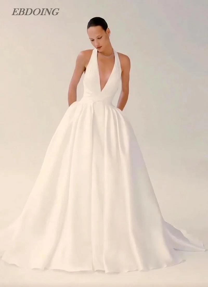 EBDOING Customized Wedding Dress A-Line Satin Halter Neck Neckline Sleeveless Customized Bride Gowns