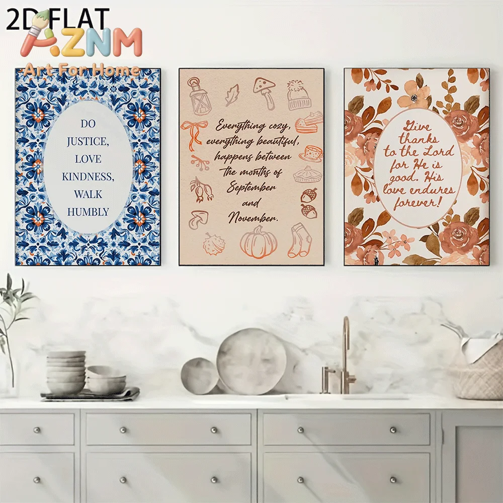AZNM Frameless Canvas Wall Art, Fall Scripture Quote Print, Blue Floral Tile Pattern Pumpkin Floral Art Poster for Farmhouse Chr