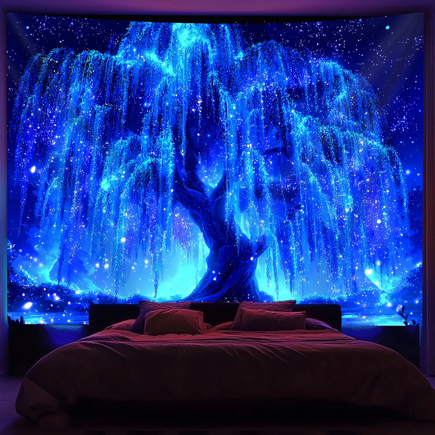Brilliant Starry Sky Tree of Life Fluorescent Tapestry UV Reaction Luminous Bedroom Aesthetics Hanging Tapestry Used for Party