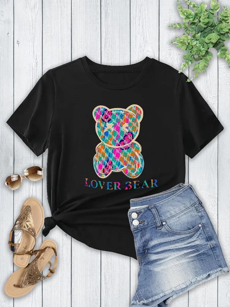 

Новая женская футболка с принтом медведя и круглым вырезом, модный повседневный топ с короткими рукавами, женская одежда из чистого хлопка в стиле Харадзюку