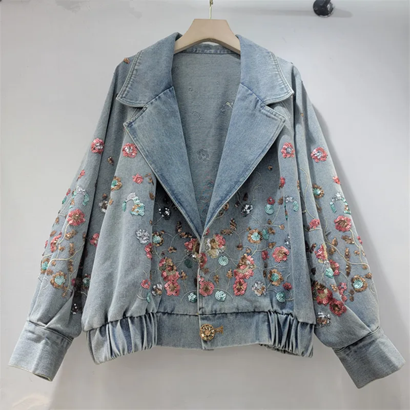 Damen-Jeansjacken mit Revers, langen Ärmeln, Vintage-Streetwear, Pailletten-Stickerei, elastischer Taille, für Arbeit und Freizeit, Sommer 2026