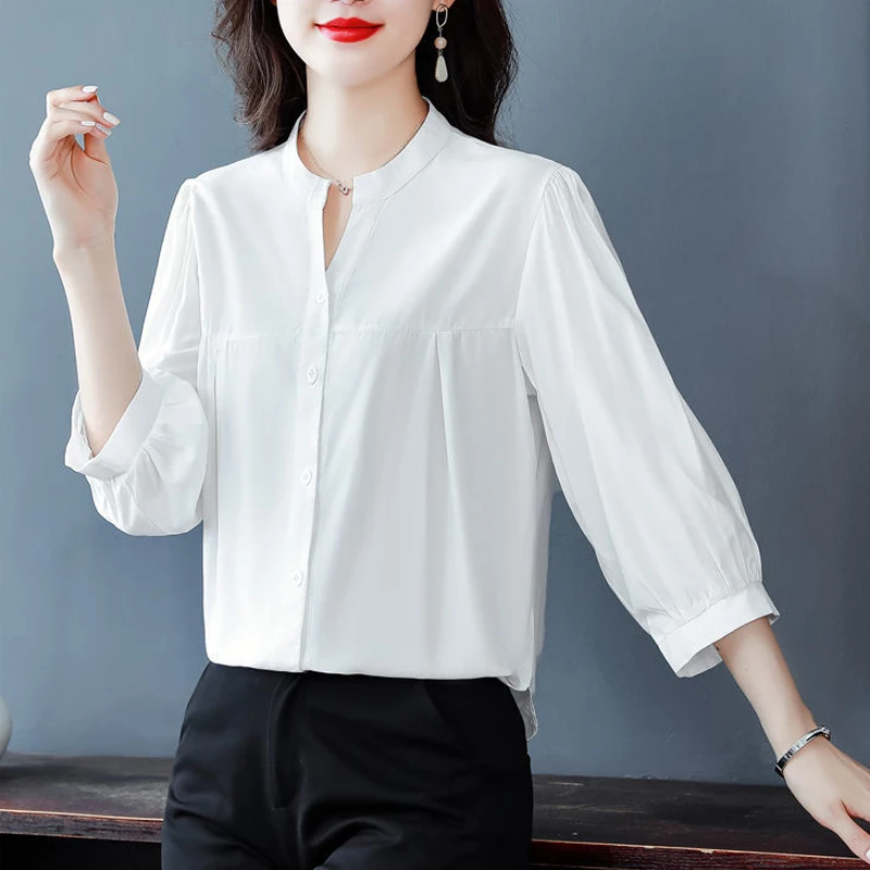 Simple Casual Loose Solid Three Quarter Sleeve Button Up Shirt 2023 Spring Summer Elegant Fashion V Neck Top Blouse Women Blusas