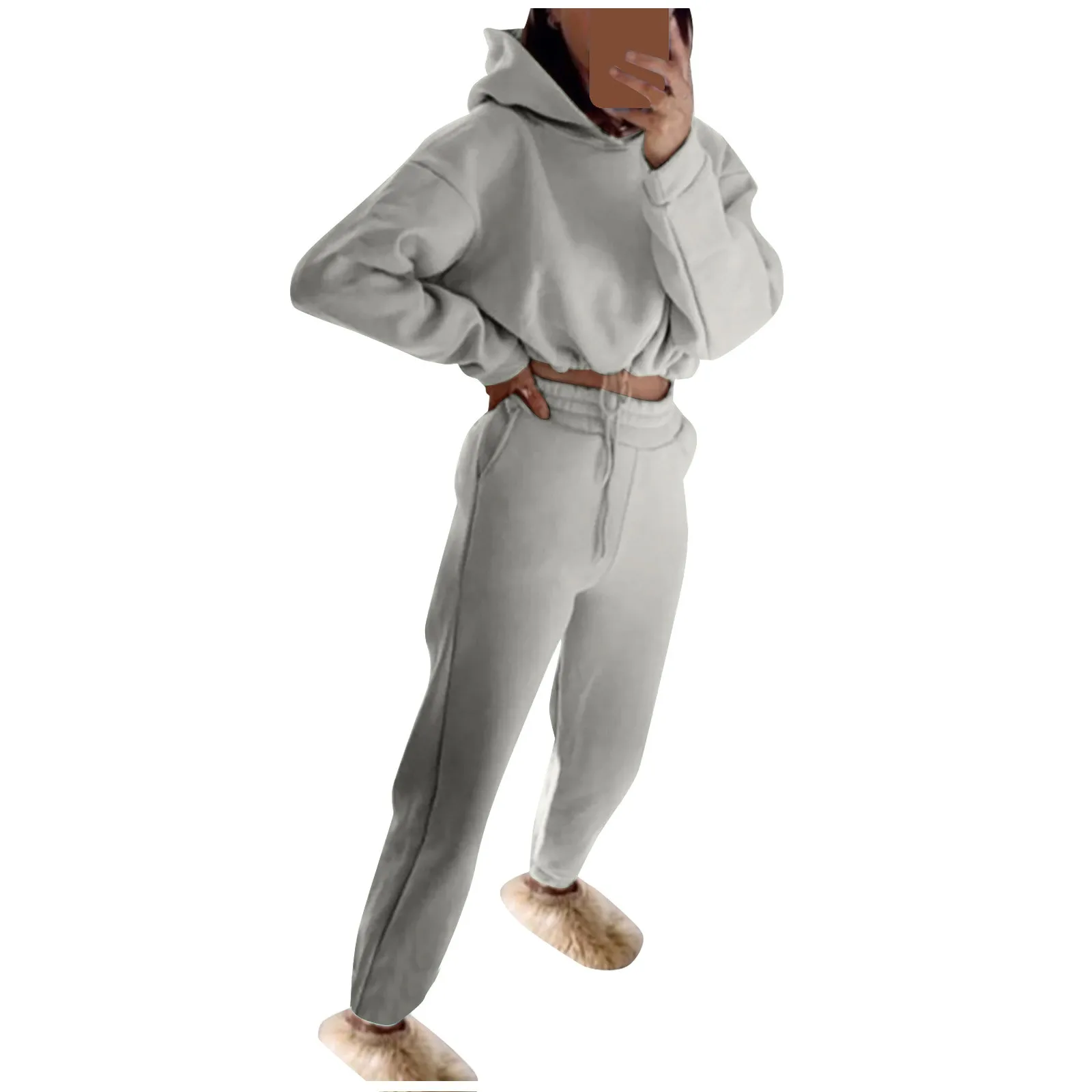 طقم رياضي مكون من قطعتين للنساء ، كنزة وبنطلون ، خصر مرن ، بدلات بنطلون أحادية اللون ، قلنسوة قصيرة ، خريف وشتاء