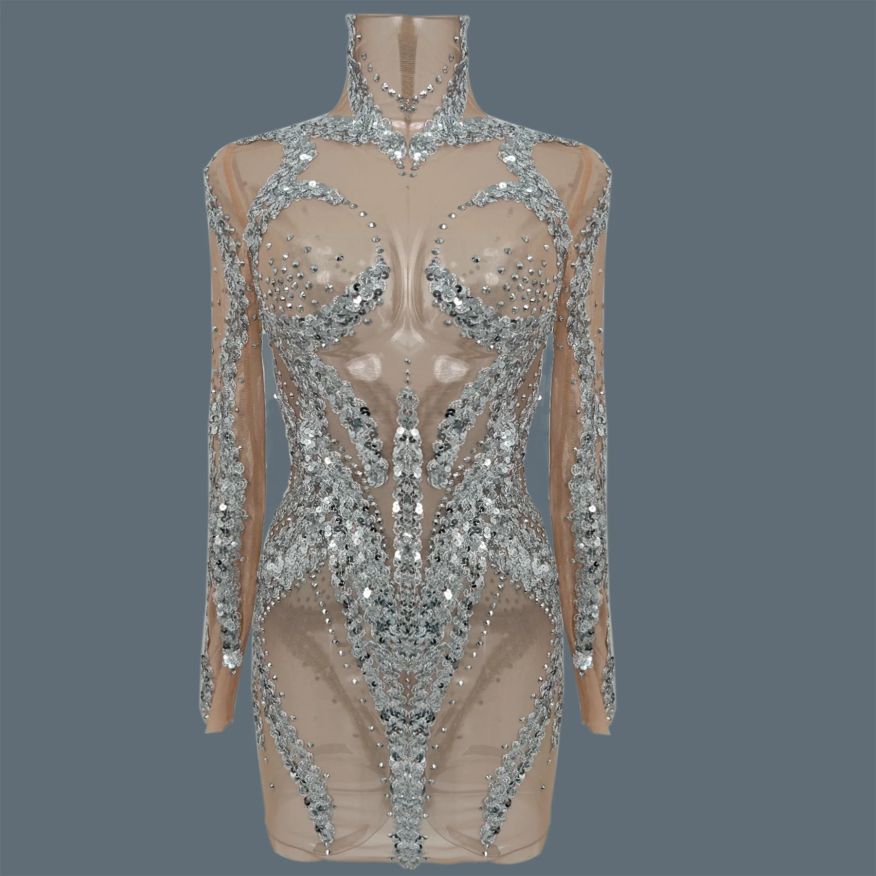 

Клубная пикантная девушка, серебряный наряд с блестками, прозрачное сетчатое танцевальное платье со стразами, одежда для шоу, вечерние мини-платье Yuanhuan