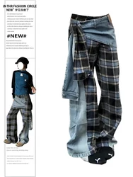 Women Baggy Goblin Core Plaid Patchwork Jeans Y2K Japanese Streetwear Denim Pants 2000s Aesthetic Trousers Abi Grunge Cyber Punk