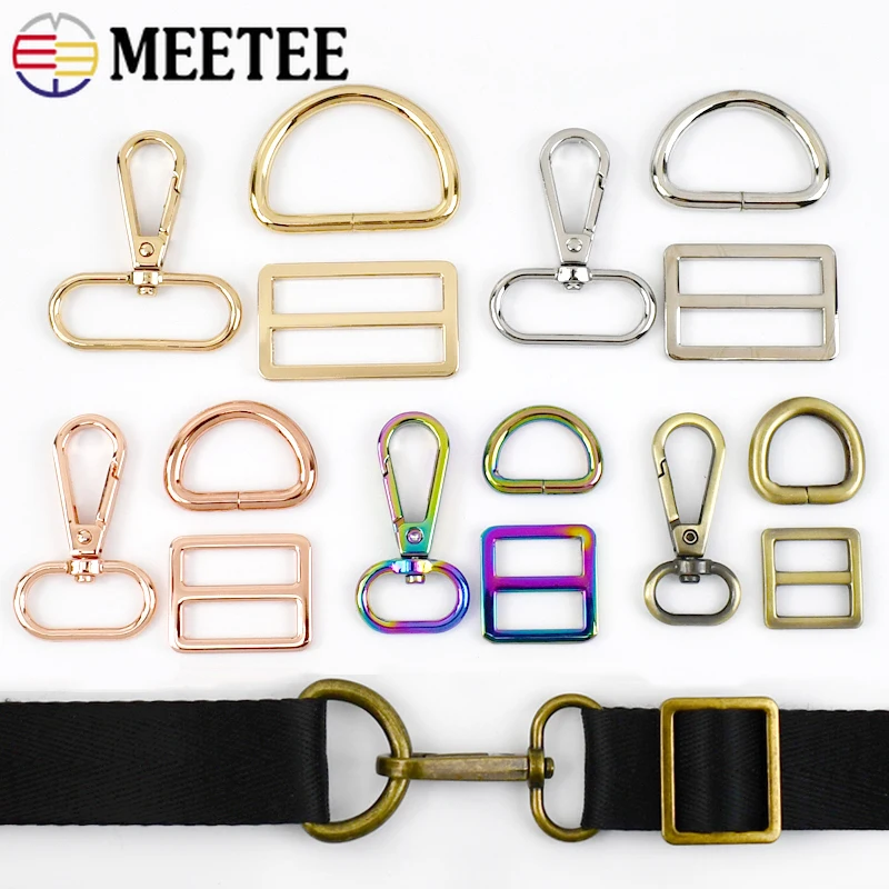 Meetee 2/3Sets 16-38mm Metal Bag Strap Buckle Swivel Clasp D Ring Slider Tri-glide Buckles Webbing Hooks Keychain Lobster Clasps