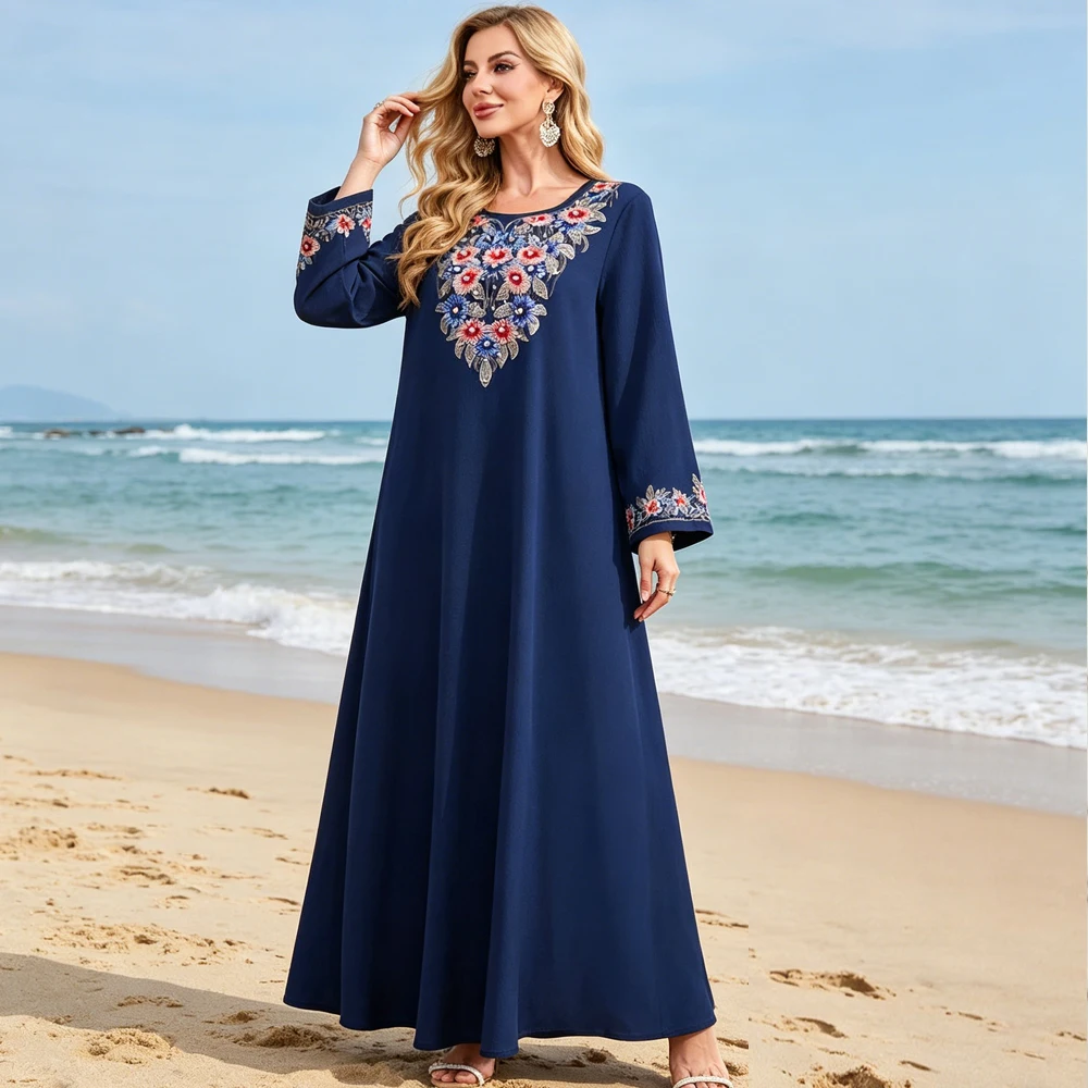 

2026 Jalabiya Dubai Ethnic Women's Clothing Muslim Robe Embroidered Beaded Dress Eid Djellaba Kebaya Caftan Marocain Femme Gown