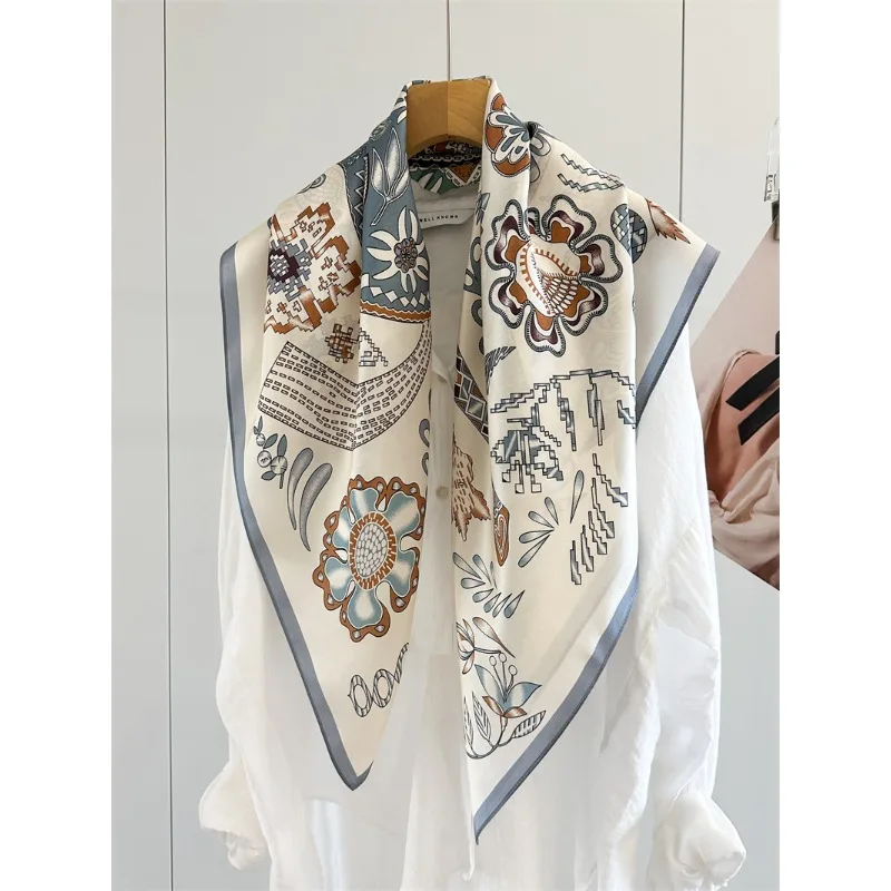 100% MULBERRY SILK Scarf 90x90CM Vintage Patchwork Horse Floral Print Large Square Shawl Light Blue Border Luxury Shoulder Scarf