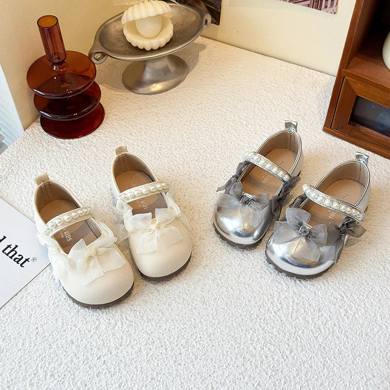 

Girls' Leather Shoes 2025 Spring/Autumn New Lace Pearl Shallow Mouth Kid's Princess Shoes Fashionable Non-slip Children's Shoes