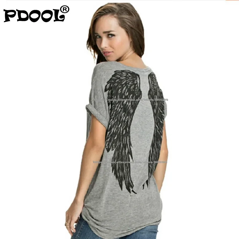 PDOOL T Shirt Women 2024 Summer Tees Angel Wings Back Printing Left Shoulder Roll Sleeve Loose Top T-shirts  Women\'s Clothing