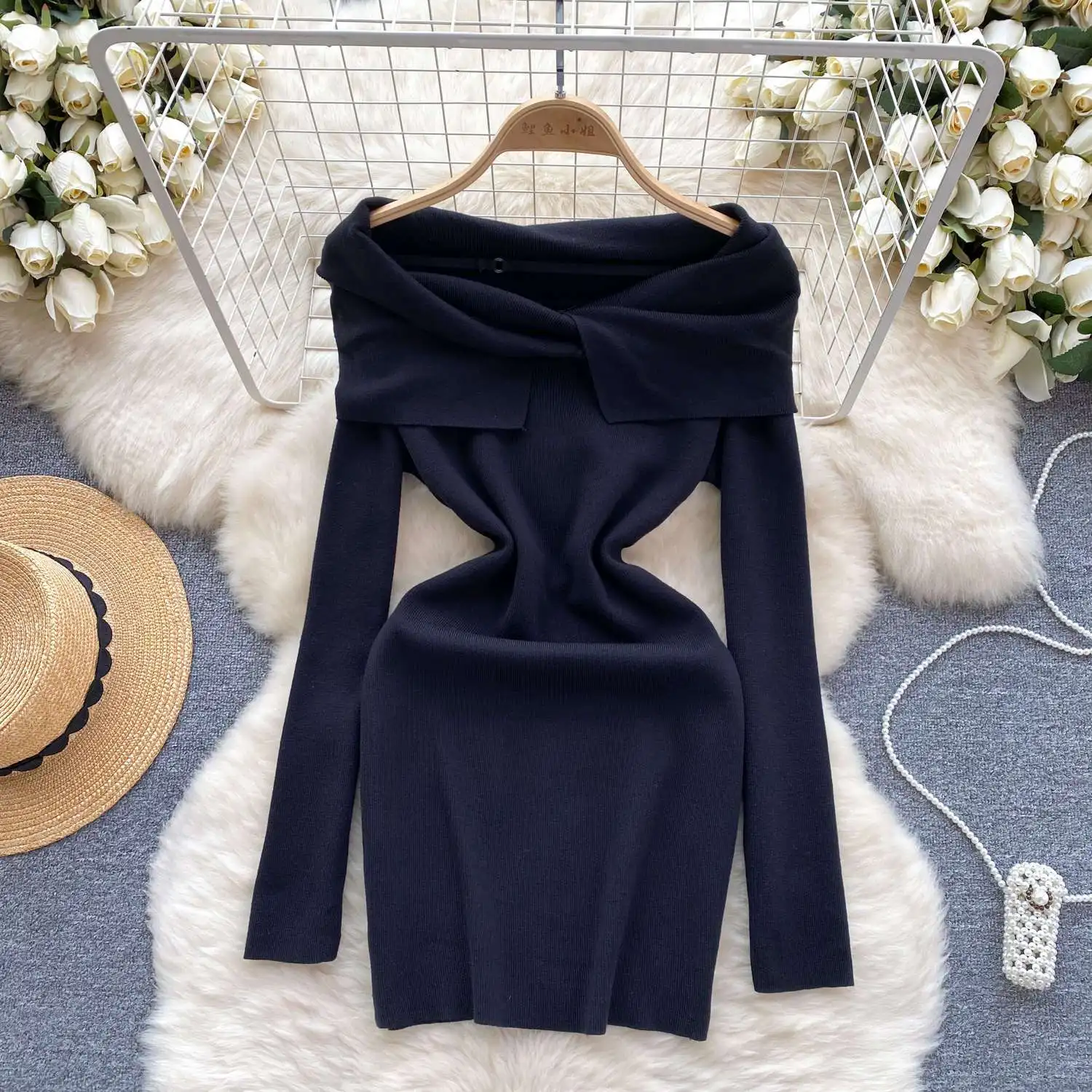 Autumn Sexy Package Hips Slash Neck Mini Dress Summer Fashion Y2K Knitted Bodycon Ladies Dress Korean Party Vestidos