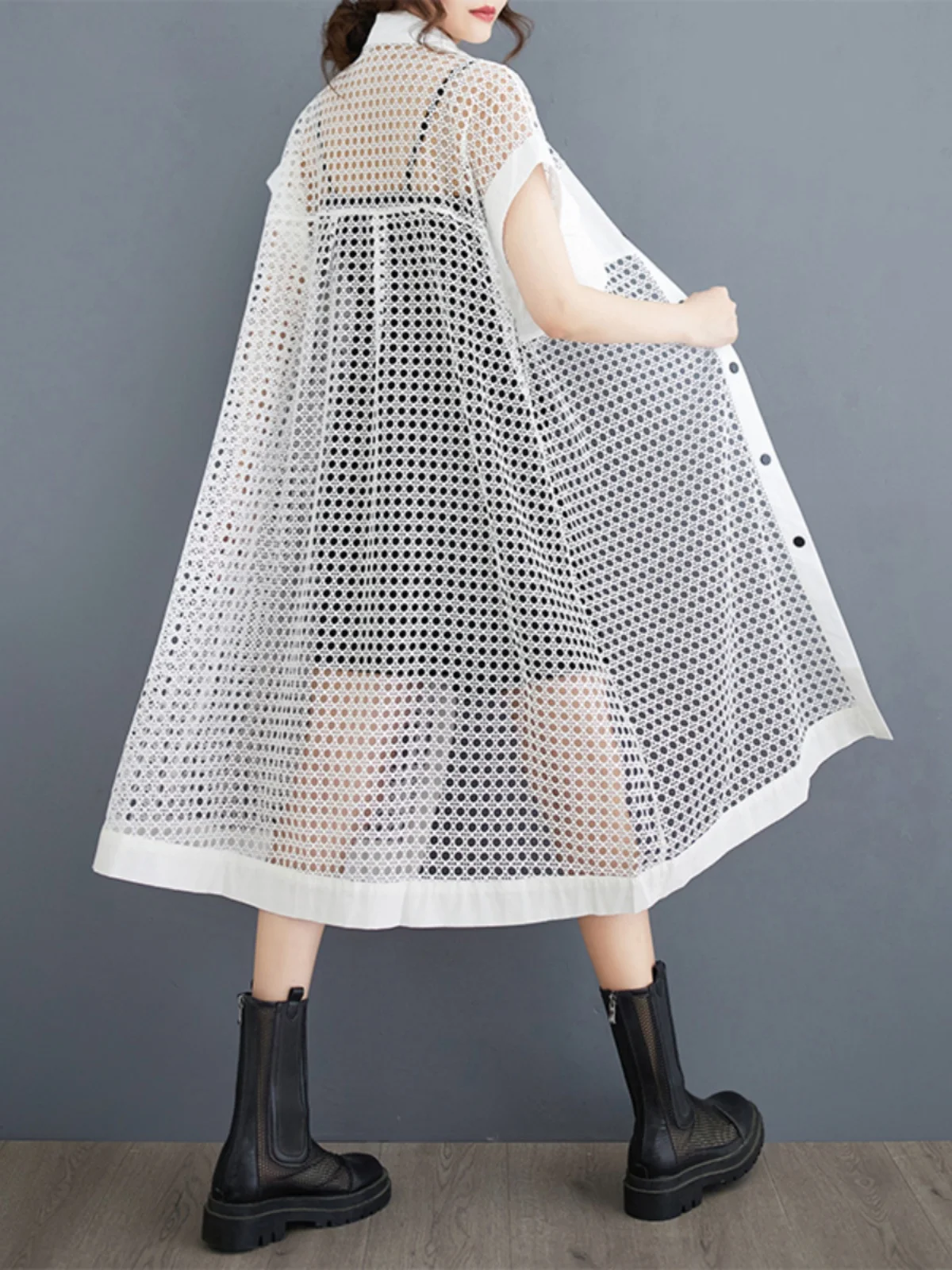 여름 신상 작은 디자인 메쉬 셔츠 드레스 여성 패션 원피스 홀로우 아웃 드레스 출근 스타일 루즈 웨이스트 거들