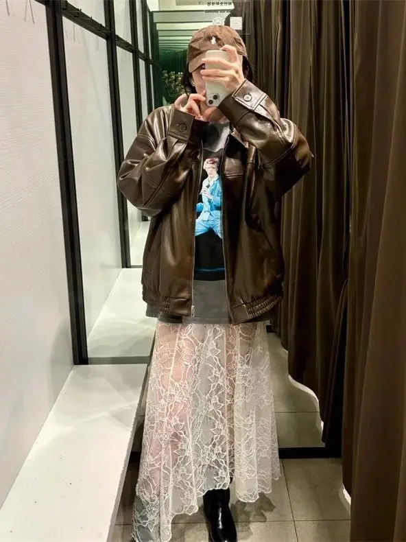 Herbst Neue frauen Lose Pilot Jaet Mantel Gefälschte Leder Revers Oberbekleidung Baumwolle Denim Stoff Damen Faion Casual Lange Sve