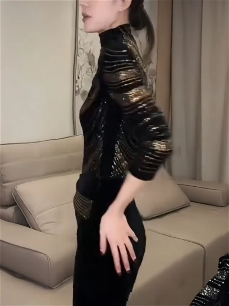 الماس التي شيرت المرأة عالية الرقبة تي شيرت طويلة الأكمام الساطع قاعدة أعلى ربيع الخريف امرأة عادية التي شيرت الشارع الشهير المحملة