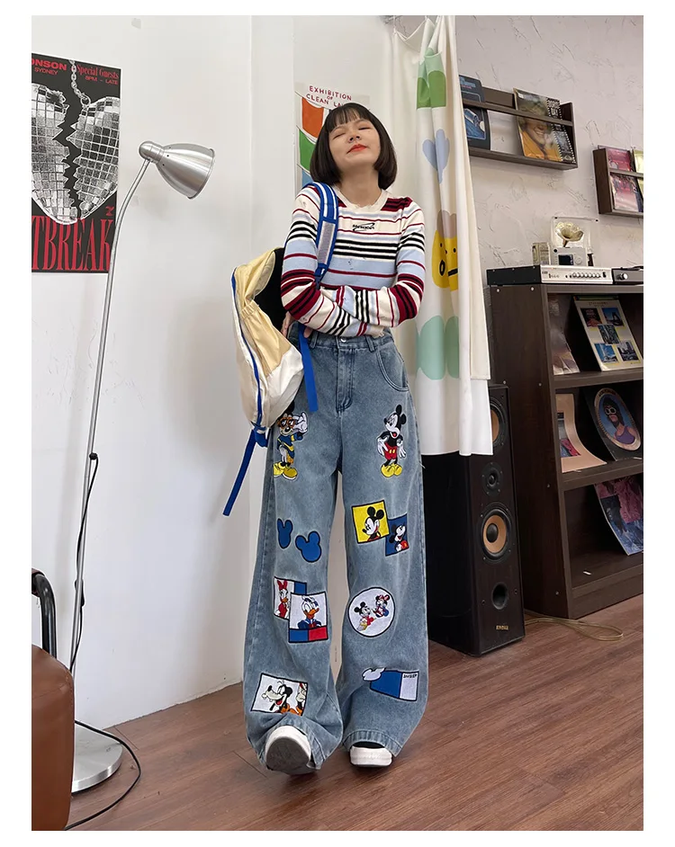 Funny Cartoon Embroidered Jeans for Women 2024 Spring New Loose American Fashion Brand Wide Leg Trousers Blue Jeans