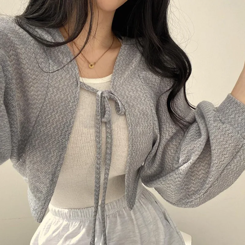 Thin Solid Color Short Sun Protection Cardigan Korean Style Coat Lantern Sleeves Versatile Vintage Lace up Sweater Blouse