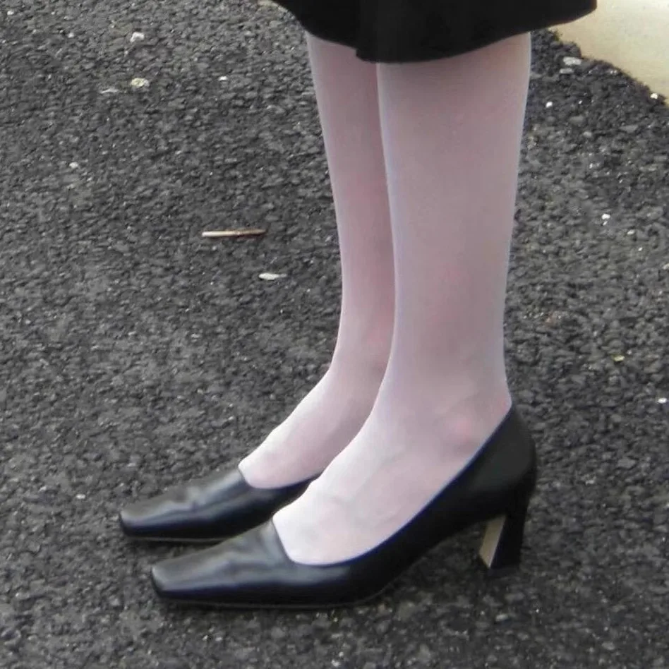 

Square Toe Shallow Thick High-Heeled Black Pumps Versatile Temperament Mary Jane Black Soft Leather Comfortable Women's Shoes