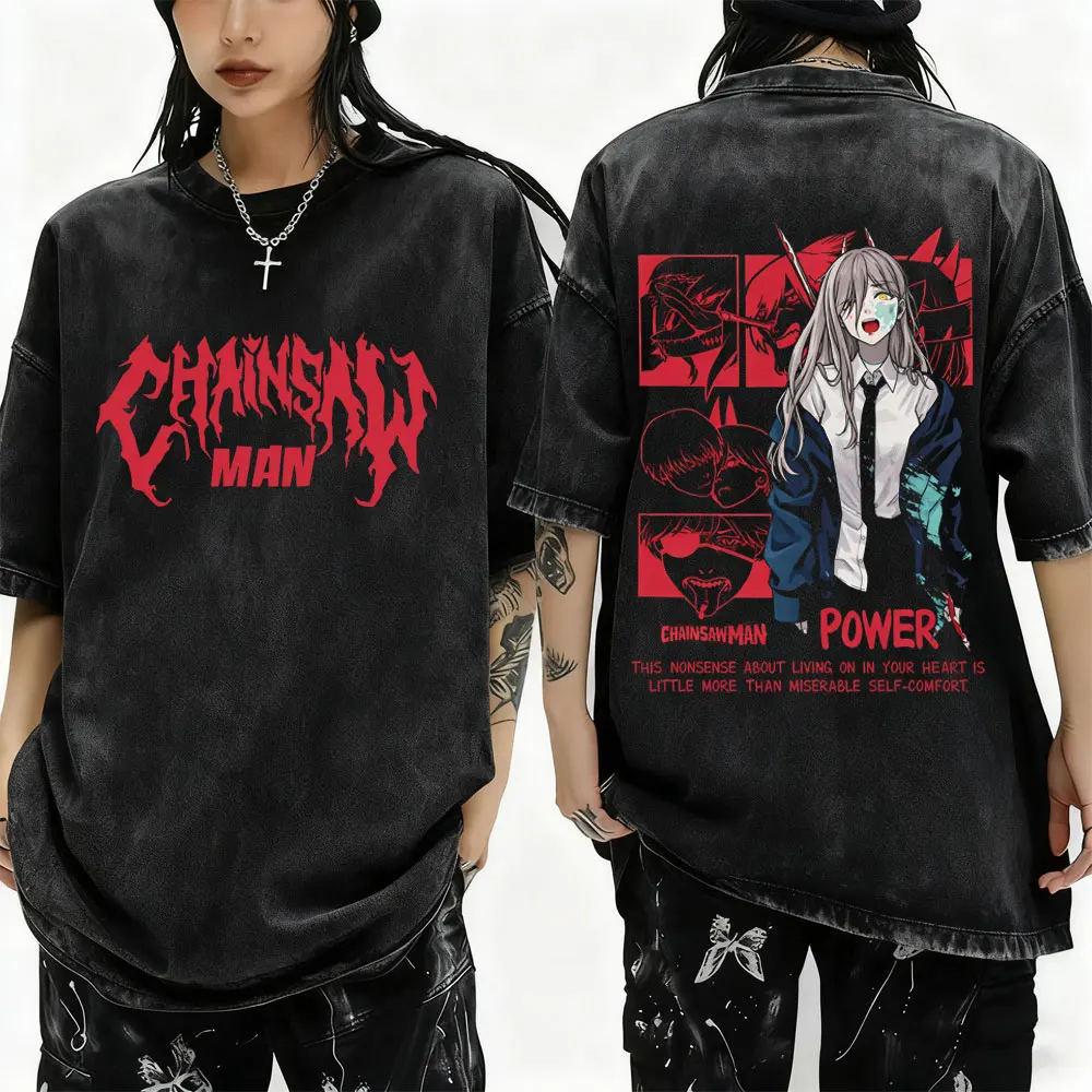 

Anime Chainsaw Man Washed Retro T-shirt Fans Gift Power Graphic T Shirts Men Women Manga Vintage Oversized T-shirts Streetwear