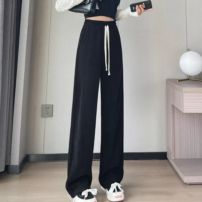 Autumn Style Knitted Leg-lengthening Wide-leg Pants for Women Spring Autumn High-waisted Loose Slimming Casual Pants with Drape