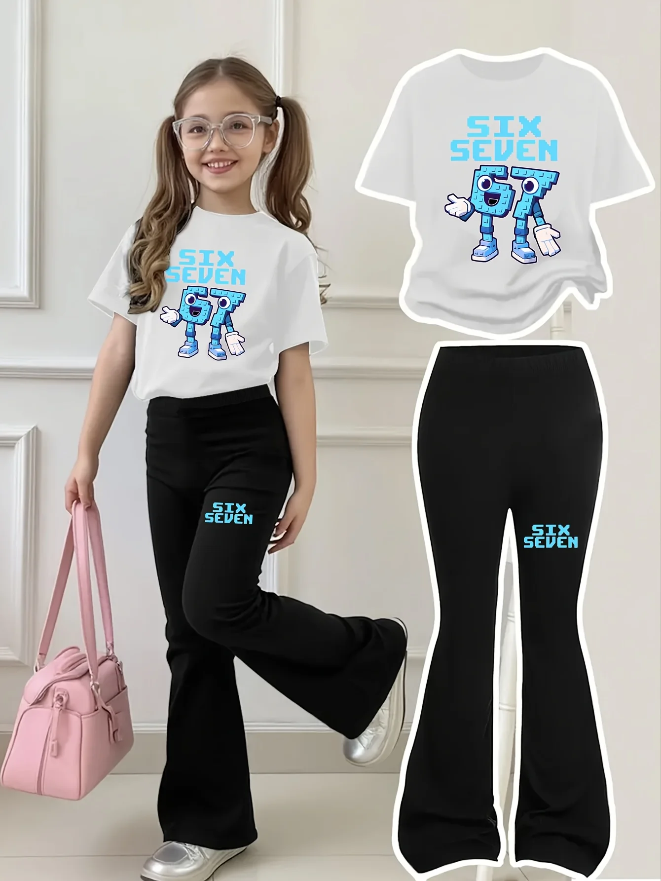Trendy Building Block Style Cartoon Short-Sleeve Flared Pants Set for Girls Aged 4-12, Short-Sleeve Top + Long Pants, Blue Building Block Texture, “67” Cartoon Print Clothing, 2026 New Model