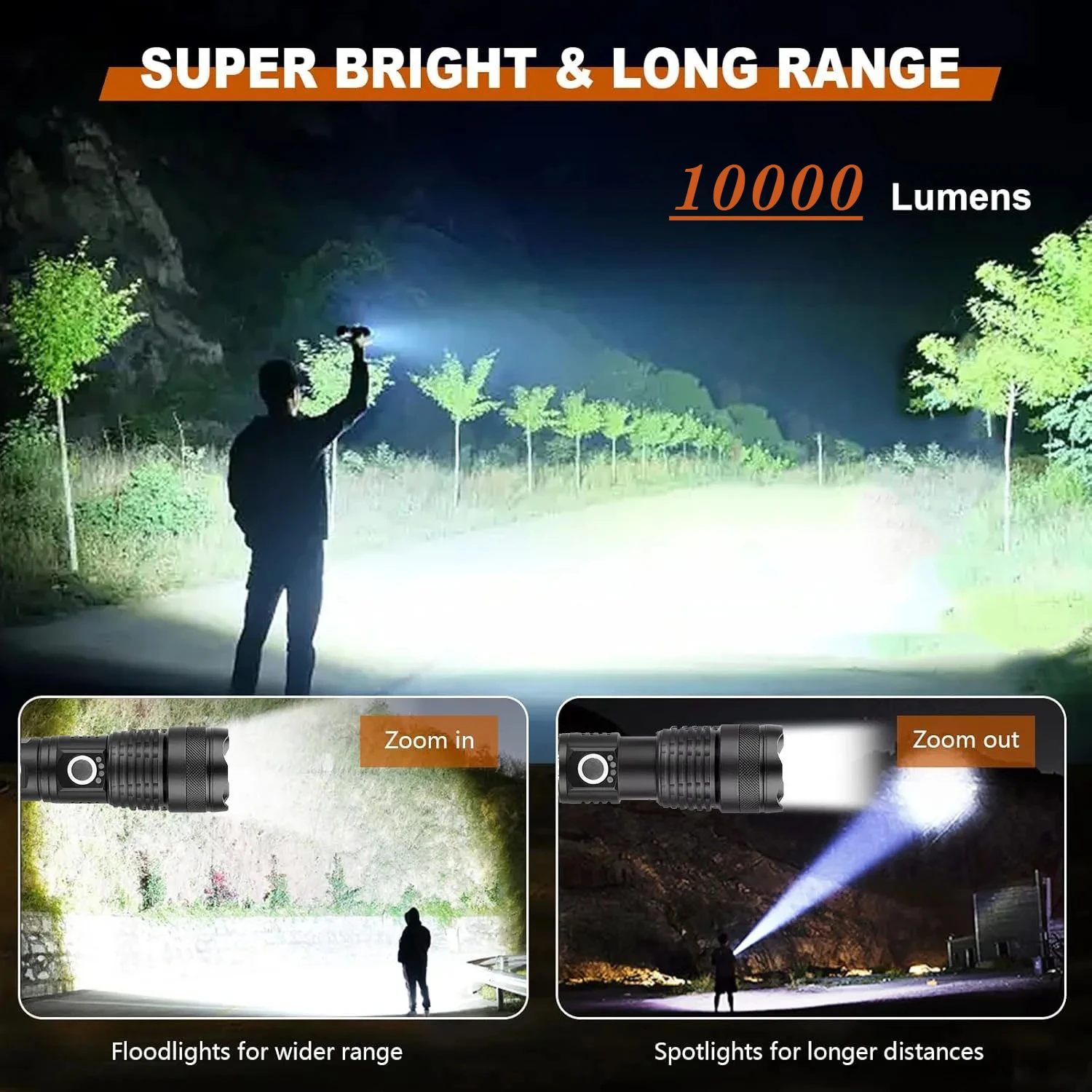 High Power LED Flashlight Rechargeable 5 Mode Aluminum Alloy Telescopic Zoom Torch Tactical Lamp for Outdoor Camping Fishing